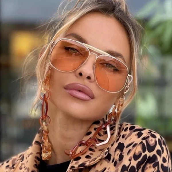 Metal Frame Pilot Sunglasses For Women Double Bridge Champagne Sun Glasses Woman Luxury Square Clear Oversize Shades - Image 3