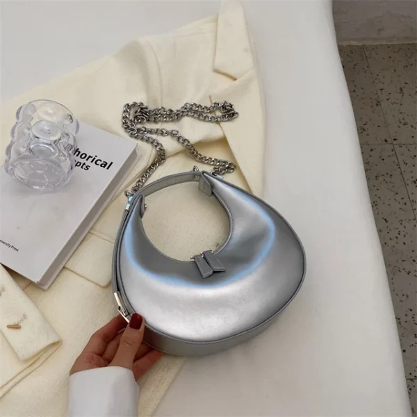 Small Silver Leather Crossbody Bags for Women  Trend Underarm Handbags and Purses Chain Armpit Shoulder Side Bags - Image 2