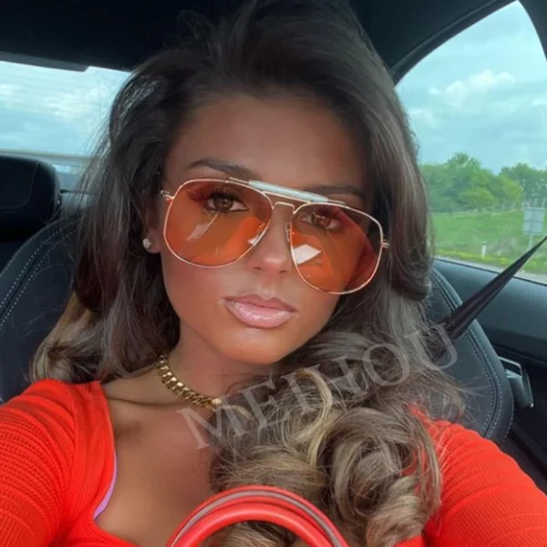 Metal Frame Pilot Sunglasses For Women Double Bridge Champagne Sun Glasses Woman Luxury Square Clear Oversize Shades - Image 2