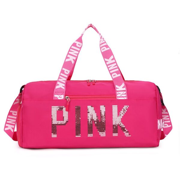 New fitness bag, shoe compartment, dry wet separation bag, sports travel bag, shiny pink letter single shoulder crossbody bag - Image 2