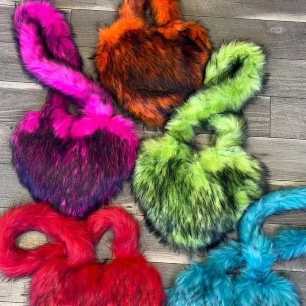 Faux Fur Shoulder Bag Heart Shaped Fluffy Plush Crossbody Bags for Women Oversized Tote Bags Lady Shopper Vintage Gothic Bags - Image 2