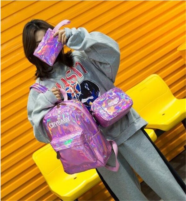 Holographic Laser Backpack Embroidered Crybaby Letters Hologram Backpack set School Bag +shoulder bags +penbags 3pcs/set - Image 5