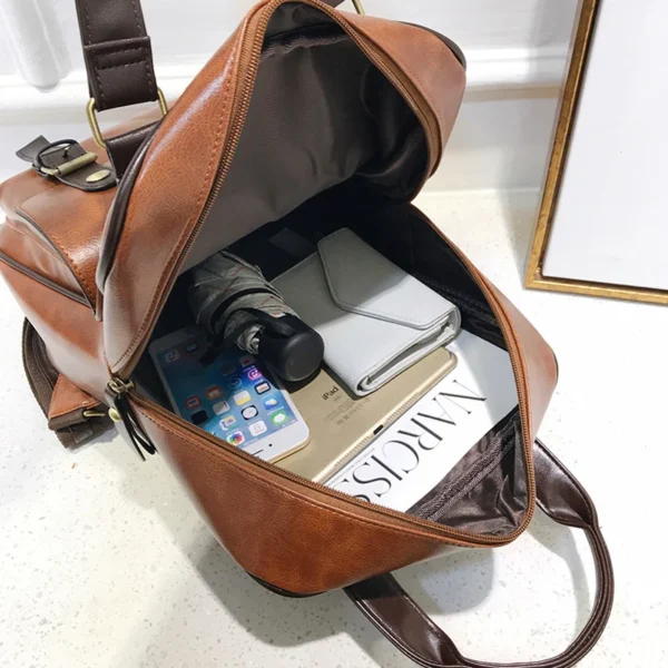 Brown School Bags for Teenages Waterproof Vintage Laptop Leather Big Travel Backpack - Image 4