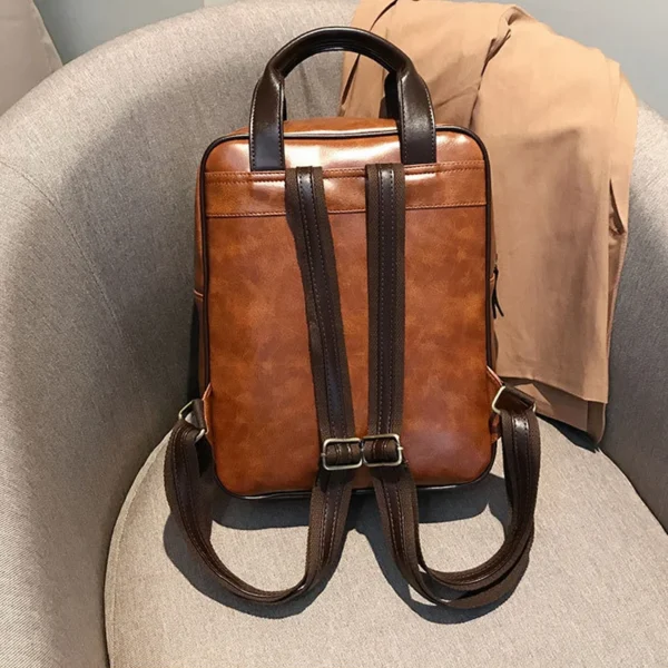 Brown School Bags for Teenages Waterproof Vintage Laptop Leather Big Travel Backpack - Image 3
