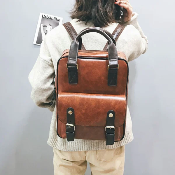 Brown School Bags for Teenages Waterproof Vintage Laptop Leather Big Travel Backpack - Image 2