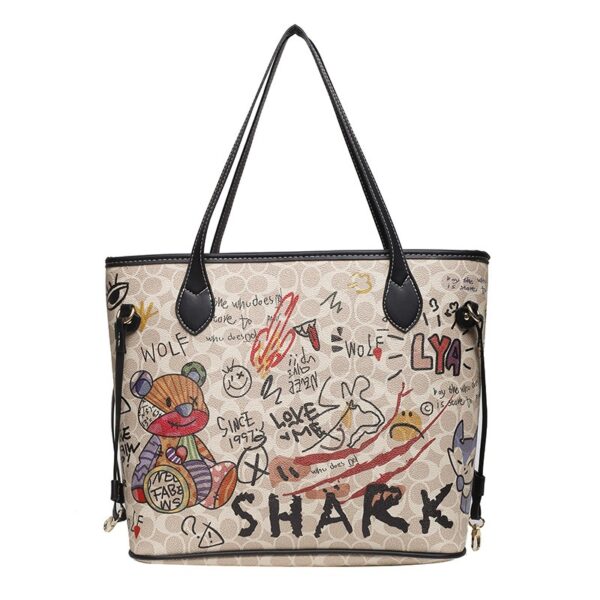 Cartoon bear soft leather graffiti printing tote bag new handbag large capacity shoulder bag - Image 3