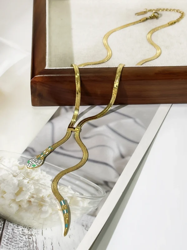 Peri'sbox Dainty Clear Rhinestone Solid Gold Plated Flat Snake Chain Tassel Necklace Stainless Steel Waterproof Women's Jewelry - Image 4