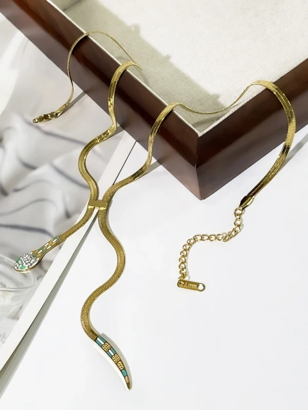 Peri'sbox Dainty Clear Rhinestone Solid Gold Plated Flat Snake Chain Tassel Necklace Stainless Steel Waterproof Women's Jewelry - Image 5