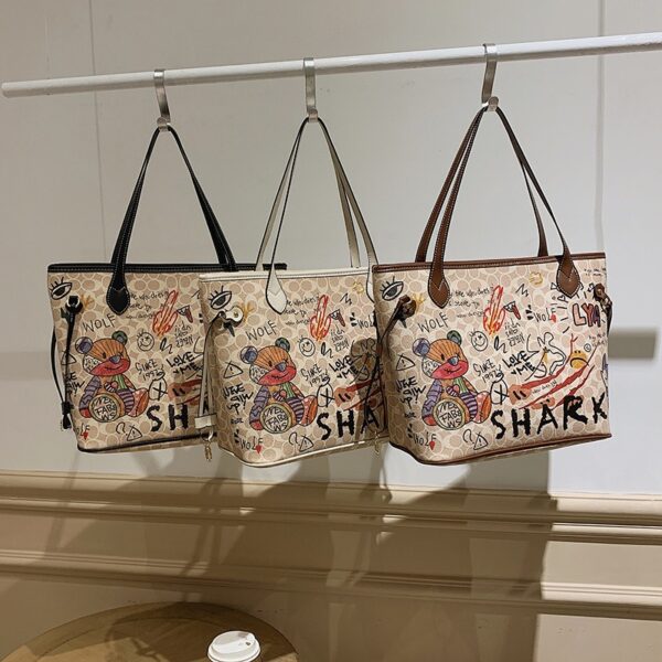 Cartoon bear soft leather graffiti printing tote bag new handbag large capacity shoulder bag - Image 6