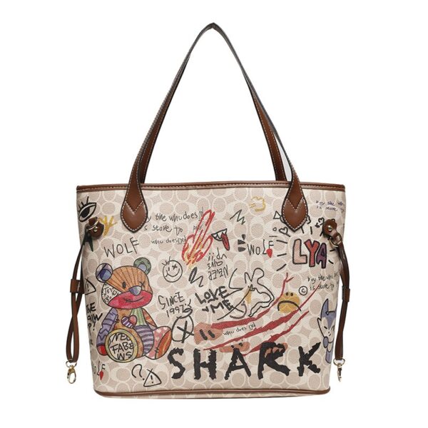 Cartoon bear soft leather graffiti printing tote bag new handbag large capacity shoulder bag - Image 2