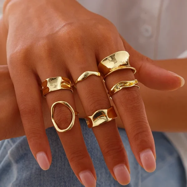 Ingemark 6Pcs/Set Punk Irregular Hollow Folded Metal Cuff Rings for Women Vintage Geometric Adjustable Open Finger Rings Jewelry - Image 7