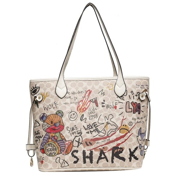 Cartoon bear soft leather graffiti printing tote bag new handbag large capacity shoulder bag - Image 8