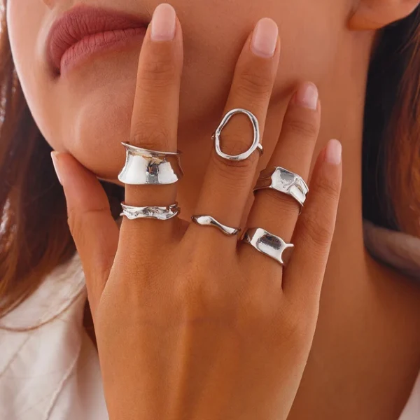 Ingemark 6Pcs/Set Punk Irregular Hollow Folded Metal Cuff Rings for Women Vintage Geometric Adjustable Open Finger Rings Jewelry - Image 8