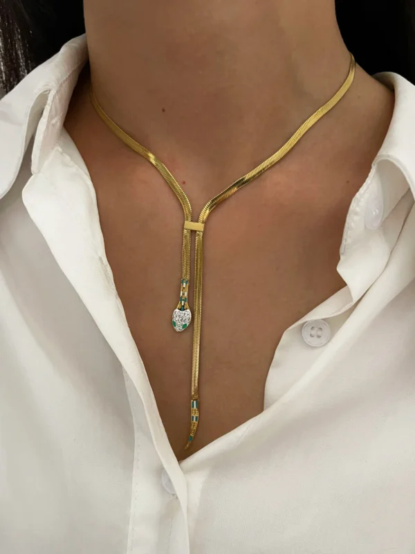 Peri'sbox Dainty Clear Rhinestone Solid Gold Plated Flat Snake Chain Tassel Necklace Stainless Steel Waterproof Women's Jewelry - Image 2